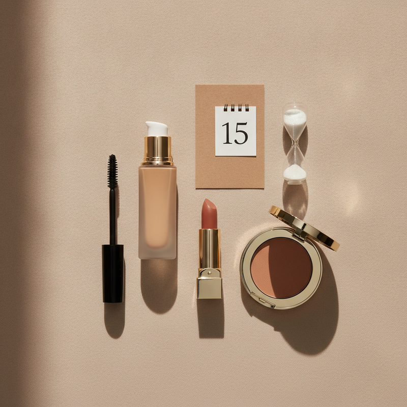 Makeup flat lay with mascara, foundation, lipstick, powder, a calendar page and an hourglass — makeup shelf life