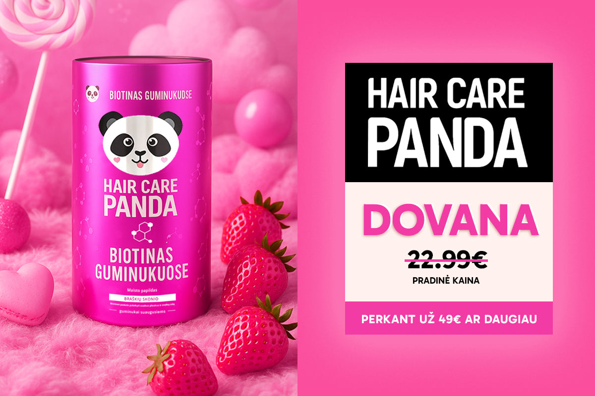Plaukų priežiūros priemonė su pandos dizainu, braškėmis ir čiulpinukais rožiniame fone.